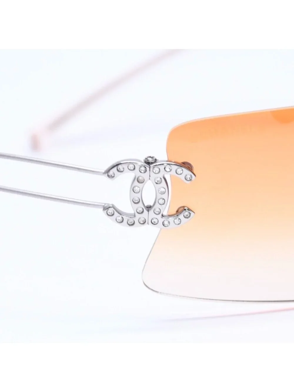 Chanel Rimless Sunglasses Orange Gradient Lens Rhinestone CC Logo Silver Eyewear